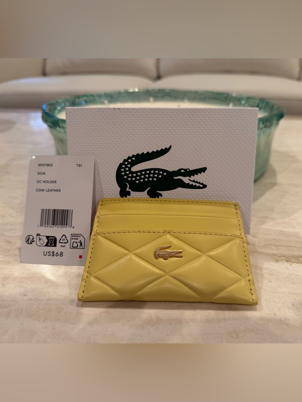 Lacoste Quilted Leather Card Case in Pale Yellow NWT & Box